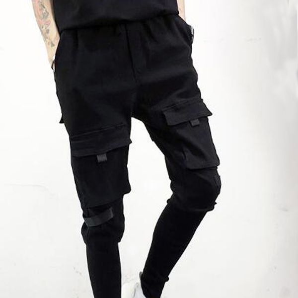 

sell mens hip hop patchwork harem pants pockets cargo ripped sweatpants jogger trousers male fashion full length slim pants, Black