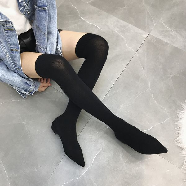 

pointy boot winter shoes women women's rubber boots luxury designer flat heel thigh high heels high bootee woman 2019, Black
