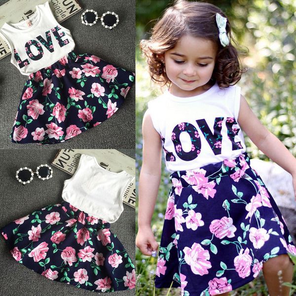 

new summer girls set toddler letter printing vest + floral printed skirt 2pcs babyÂ girlsÂ clothes, White
