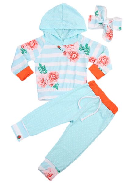 

малыш младенческой новорожденных девочек одежда печатный цветочный капюшоном с длинным рукавом футболка и длинный пояс брюки повязка наряды, White