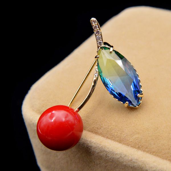 

cindy xiang red bead and omber color cubic zirconia cherry brooches for women spring design fashion jewelry cute pin