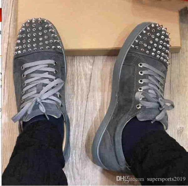 

men's casual sneakers red bottom spiked low-cut studded spikes men platforms flat red sole grey suede with sliver rivets brand, Black
