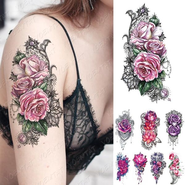 

waterproof temporary tattoo sticker pink purple rose flowers flash tattoos lace peony lotus body art arm fake sleeve tatoo women
