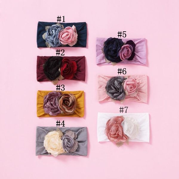 

mengna 15pc/lot kids girl cute two flower nylon headbands,flower on wide turban head wraps for baby girls party hair accessories, Slivery;white