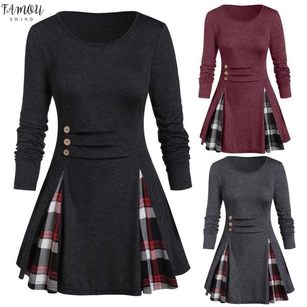 

vestidos ropa mujer winter plus size dress women plus size tunic tee buttoned plaid print long sleeve t shirt robe femme, Black;gray