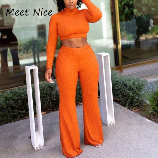 

2 two piece set women ribbed o neck crop and long pants set autumn long sleeve tracksuit women conjunto feminino, White