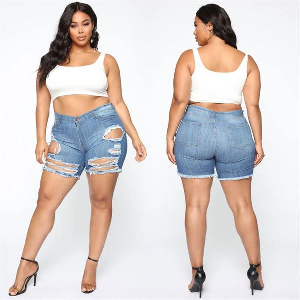 

solid color hole ripped shorts fashion plus size female clothing summer women designer jeans mid waist, Blue