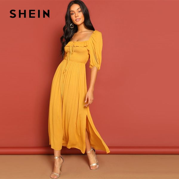 

shein ginger party knot front shirred panel square neck drawstring ruffle split dress women elegant half sleeve spring dresses, Black;gray