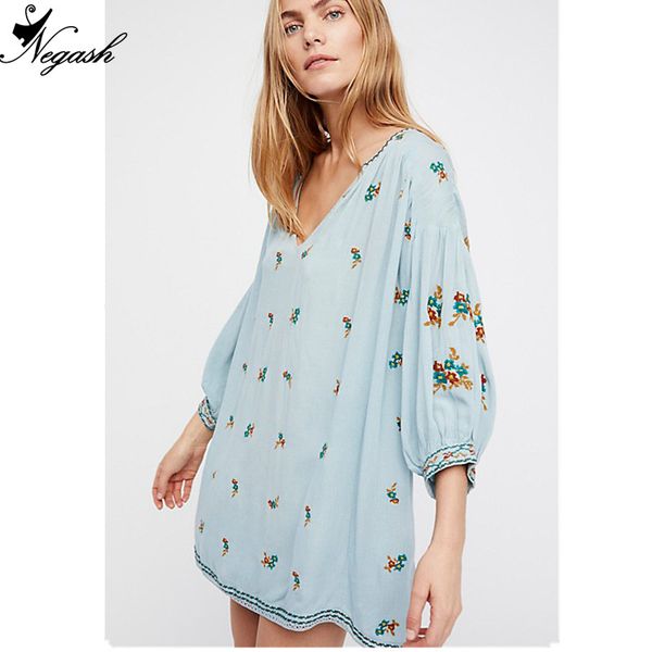 

high-quality real europe spring summer woman v-neck dress 2018 bohemia floral embroidery mini dresses vestidos, Black;gray