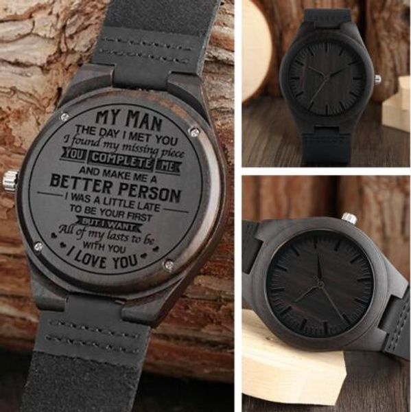 

word "my watch analog fashion gifts men's black ebony wooden man" engraved male quartz clock full strap valentines for leathe, Slivery;brown