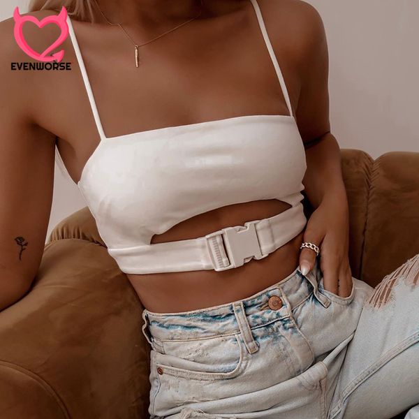 

evenworse 2019 women summer short tank spaghetti straps belt new fashion crop beach camis, White