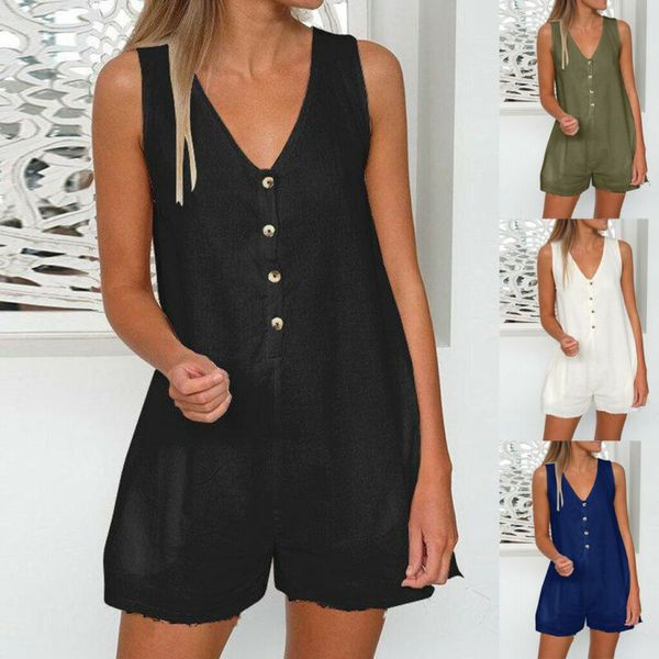 

women v-neckline romper sleeveless casual pocket button party club boho holiday playsuit jumpsuits clubwear, Black;white