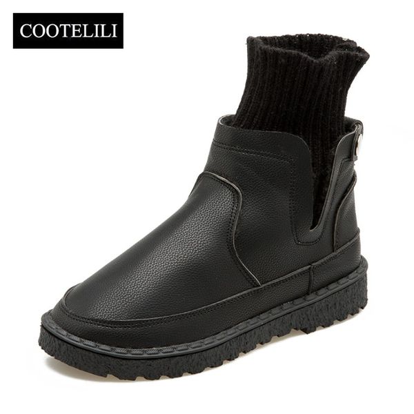 

cootelili women ankle boots slip-on fashion shoes woman pu leather flats shoes autumn winter knitted socks ladies boots 35-40, Black