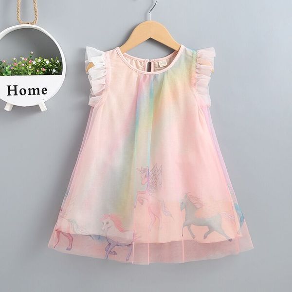 

new summer dresses for girls unicorn pattern princess dress for birthday party wedding sleeve baby girls mesh dress 1-5years, Red;yellow