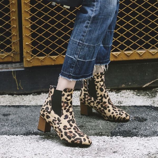 

leopard-printed women's shoes 2019 autumn winter european style short plush boots square high-heeled ankle boots for women, Black