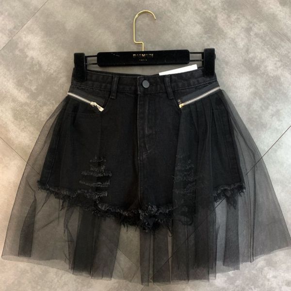 

women's shorts [ewq] splicing yarn hole detachable two wear trend denim bag hip female short fashion women 2021 summer qk149, White;black