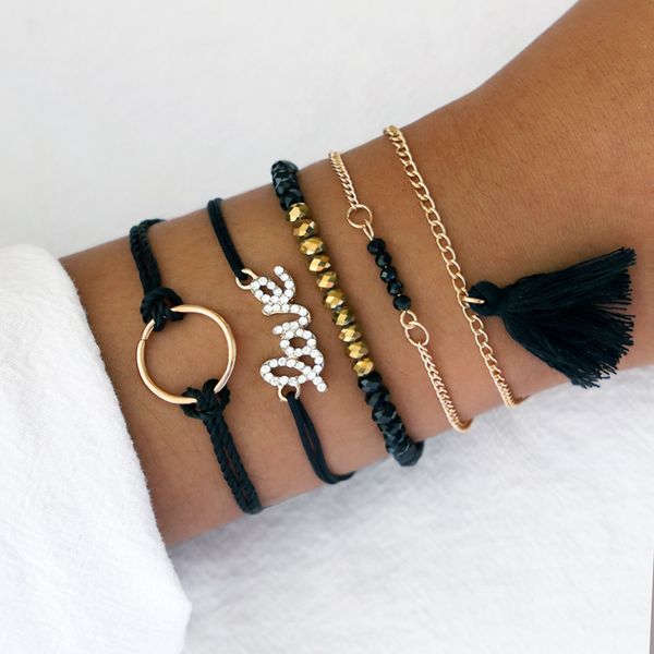 

popular selling punk 5pcs/sets gold/black color circle beaded fringe love rhinestone weaving lady accessories for woman gift