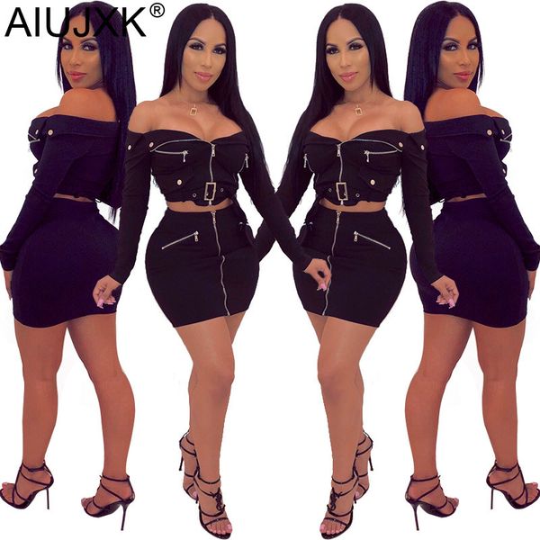 

aiujxk women two piece set new long sleeve off shoulder strapless zipper bodycon 2 pcs skirt woman outfits casual clothes, White