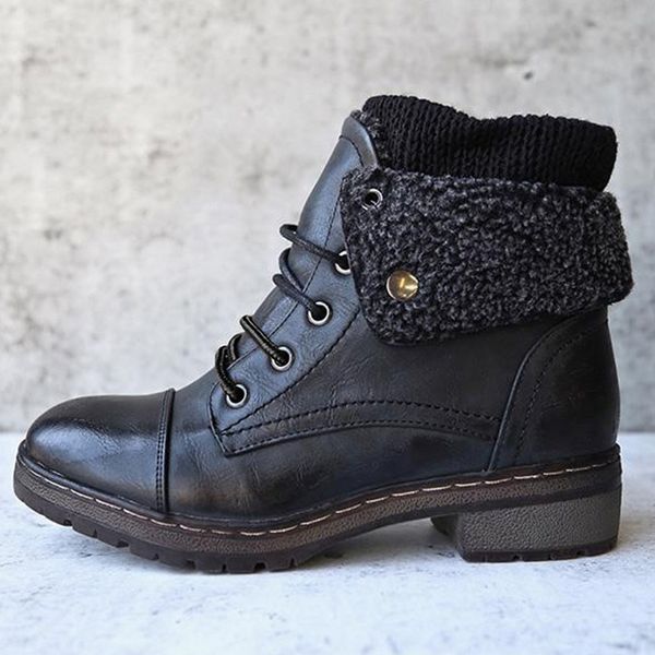 

women's leather snow boots flanging zipper low-heeled combat style laced women's boots ankle snow chaussures femme, Black