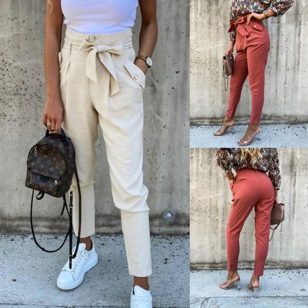 

woman pants office lady pants solid casual woman slim bow sashes high waist streetwear lace up women pencil, Black;white