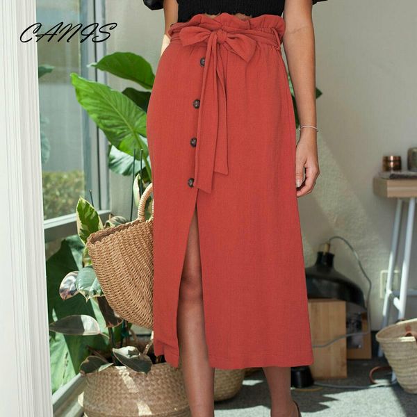 

2018 fashion women summer beach line spit skirt casual high waist bow lace up loose button midi skirts red, Black
