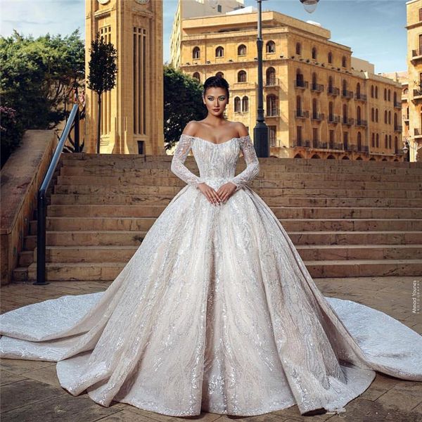 

champagne sequined lace ball gown wedding dresses luxury off shoulder appliqued plus size saudi arabic dubai bridal gown vestidos de novia, White