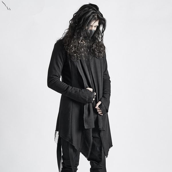 

raw edge design single layer thin coat slim tide male autumn personality gothic dark cloak robes long coat men steampunk, Tan;black