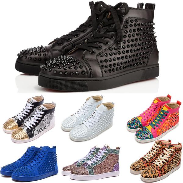 

red bottom sneakers men women rivet shoes original box fashion luxury designer shoe high leather wedding party shoes 2019 shoe, Black