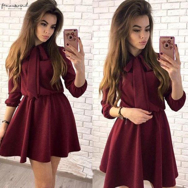 

women dress fall fashion solid vintage elegant mini dress cowl neck autumn bow causal christmas party dresses plus size, Black;gray