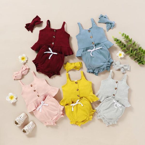 

newborn kid baby girl clothes knited short sleeve shirt +shorts +hairband ribbed solid 3pcs outfits set, White