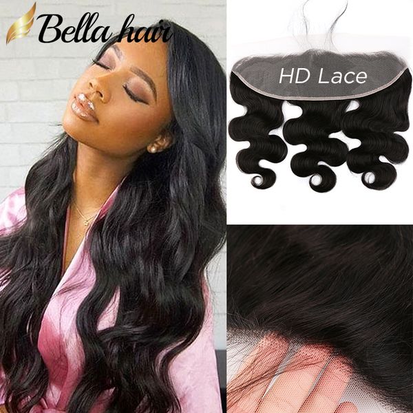 13x4 Spitzenfrontverschluss, gewellter Frontalverschluss, HD-transparente Spitzenfronten mit Pony, Babyhaar, 100 % Remy-Echthaar, 150 % Dichte, dickes, natürliches Schwarz, Bella Hair Slay