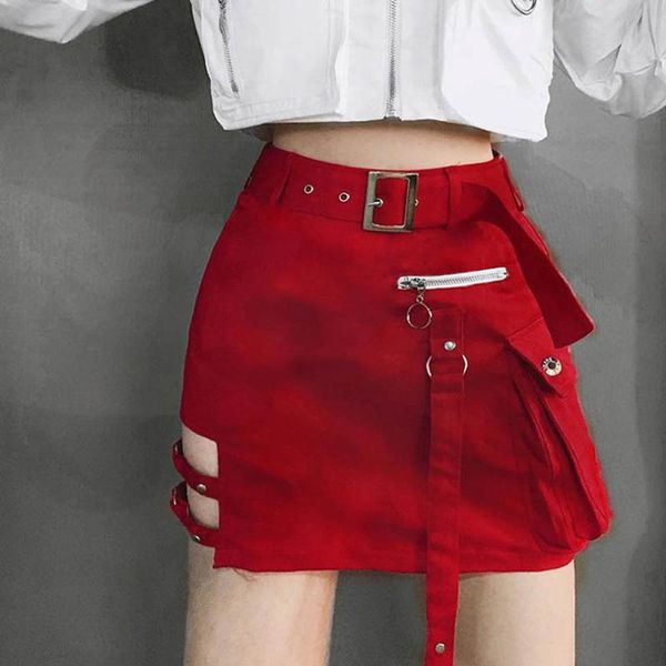 

fashion hollow out skirts a-line sashes mini skirt punk style high wasit women skirt with pocket female girls lady skirts, Black