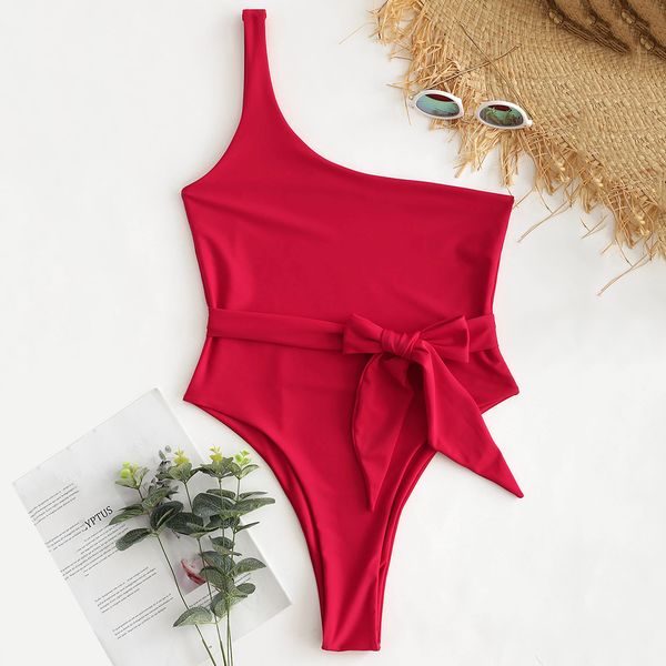 

zaful high cut one shoulder swimsuit bralette one piece swimsuit belted swimwear women bodysuit high leg monokini 2019