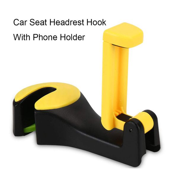 

kayme car back seat headrest hook with phone holder, auto mult-function seat headrest hanger for groceries handbag, 12x5.5x3cm