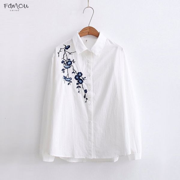 

Floral Autumn Embroidery Embroidery Moda Long Sleeve Women Blouses Blue Striped Shirt Cotton Casual Women Tops Blusas Mujer De White