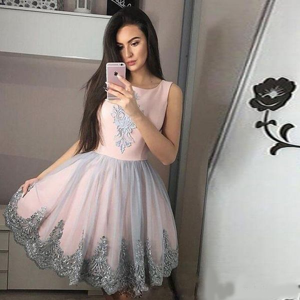 

2020 new arrival short mini homecoming dresses jewel neck lace appliques sleeveless a line gray tulle plus size party dress cocktail gowns, Blue;pink
