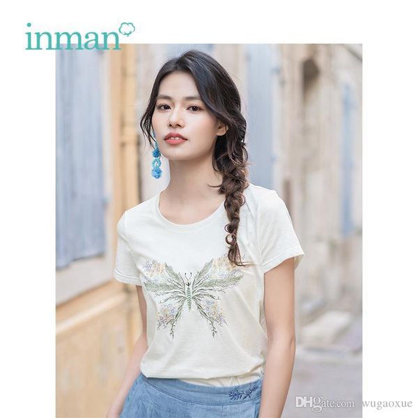 

inman 2019 summer new arrival cotton o-neck literary butterfly embroidery retro all matched slim short sleeve women t-shirt, White