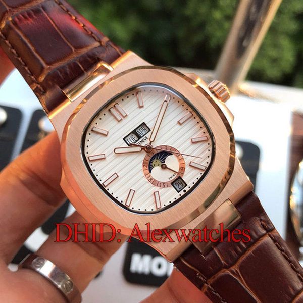 

часы из розового золота 42 мм нержавеющая сталь наручные часы 316l коричневый натуральный кожаный ремешок вечный календарь автоматические ча, Slivery;brown