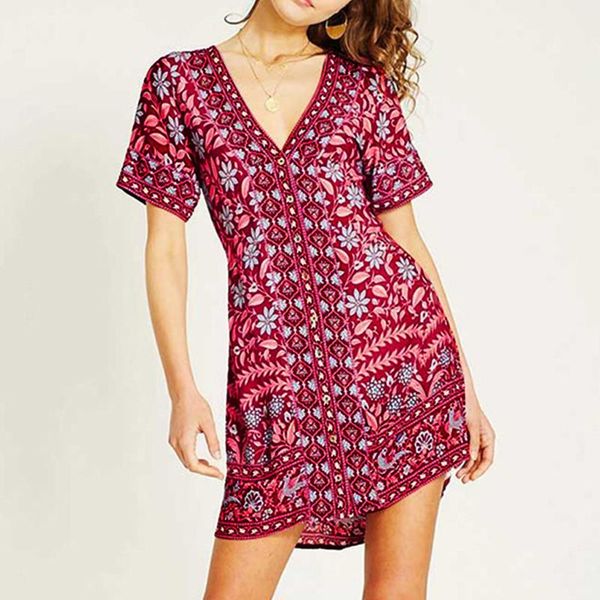 

cover-ups 2021 summer dresses fashion women's v-neck floral print short sleeve buttons beach vacation mini dress slim fit