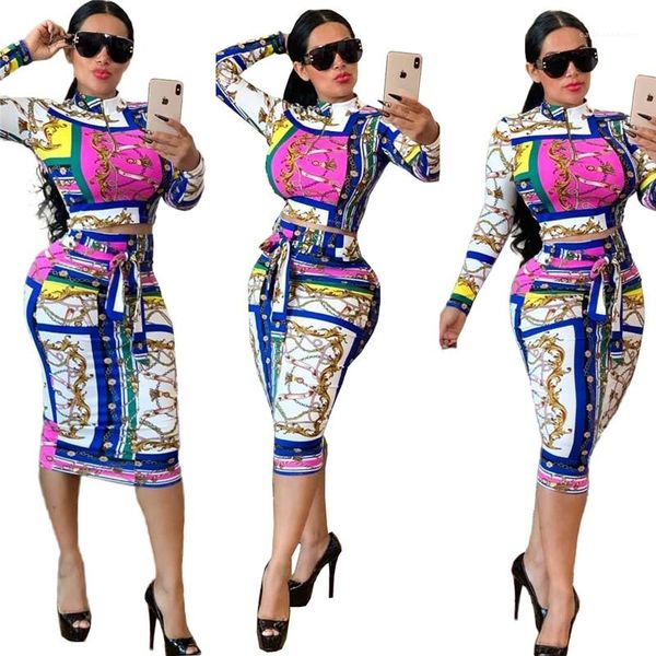 

two piece dresses with sashes fashion printing zipper neck skinny two piece sets long sleeve women 2pcs luxury women, White