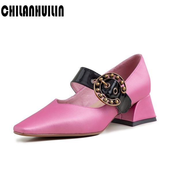 

women pumps thick high heels shoes pink apricot silk work shoes slip on square buckle heels spring summer footwear femme sapato, Black