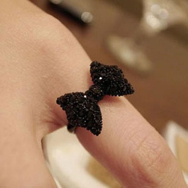 

симпатичные черный горный хрусталь кольцо бабочка лук кольца ювелирные изделия горячий продавать аксессуары оптом лук кольцо, Silver