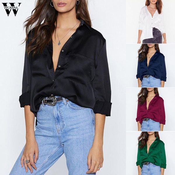 

womail blouse women long sleeve solid shirt silk elegant office blouse loose blusas mujer de moda 2020 workwear womens p0, White