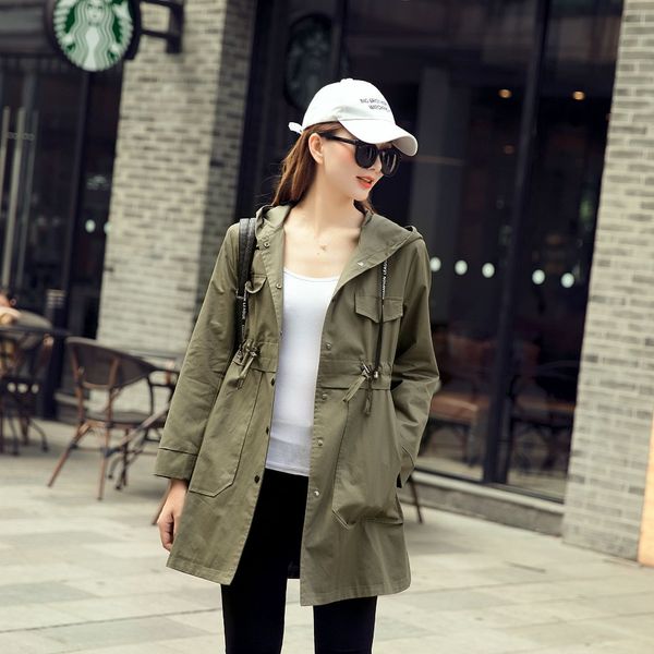 

2019 spring autumn hooded trench large size coat new casual show thin long trench lacing waist hooded windbreaker, Tan;black