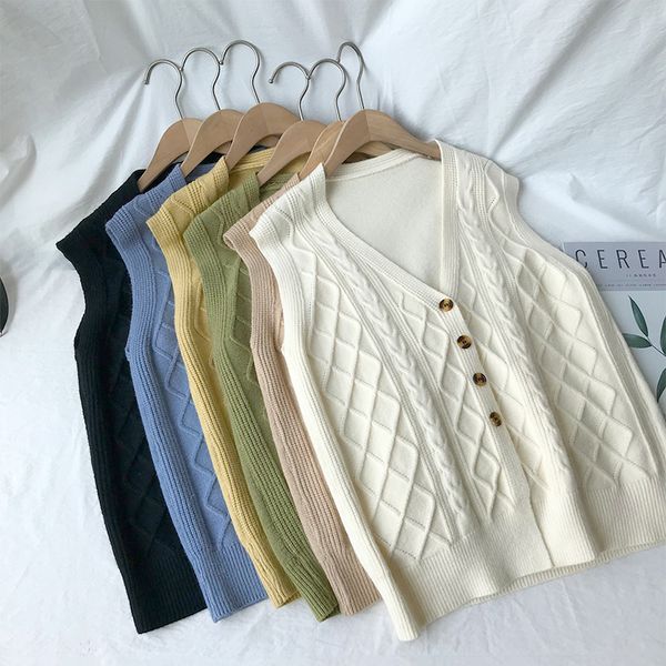 

women sweater vest sleeveless knitted 2019 autumn korea style basic v neck twisted cable knitting single breasted garment, Black;white