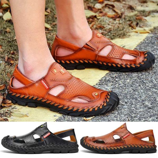 

fashion men summer shoes leather close toe flat sandals outdoor casual sneakers