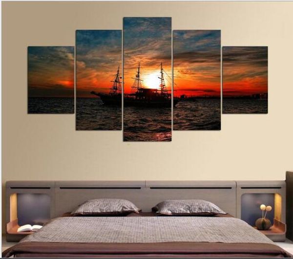 

Холст Wall Art Pictures Рамка Кухня Ресторан Декор 5 Шт. Морской Закат Лодка Гостиной Печа