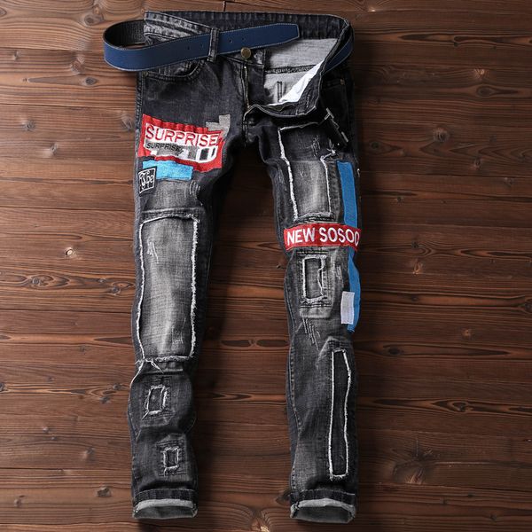 

hip hopdesign brand jeans for men's straight 2020 fashion hole ripped distressed moto bike vintage jean plus size, Blue
