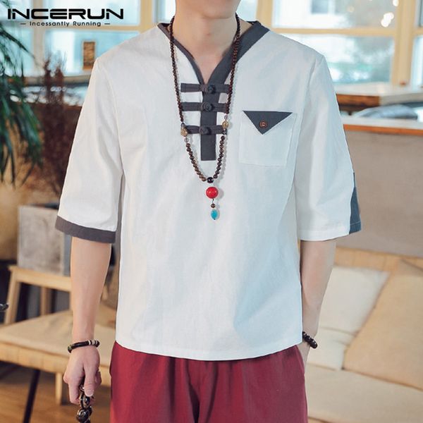 

incerun vintage men shirt v neck half sleeve color-block chinese style camisa streetwear retro breathable cotton casual men, White;black