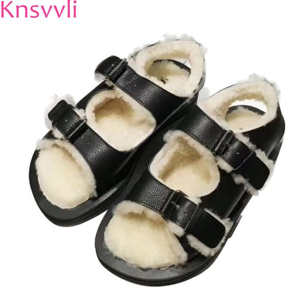 

wholesale new furs sandals women winter fashion belt buckle black wine red platform shoes ladies shearling flat zapatos mujer